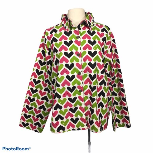 Candy‎ Couture White Green Pink Hearts Denim Shirt - Picture 1 of 6